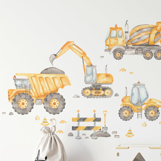 Watercolor Construction Trucks Wall Decal Set - Large