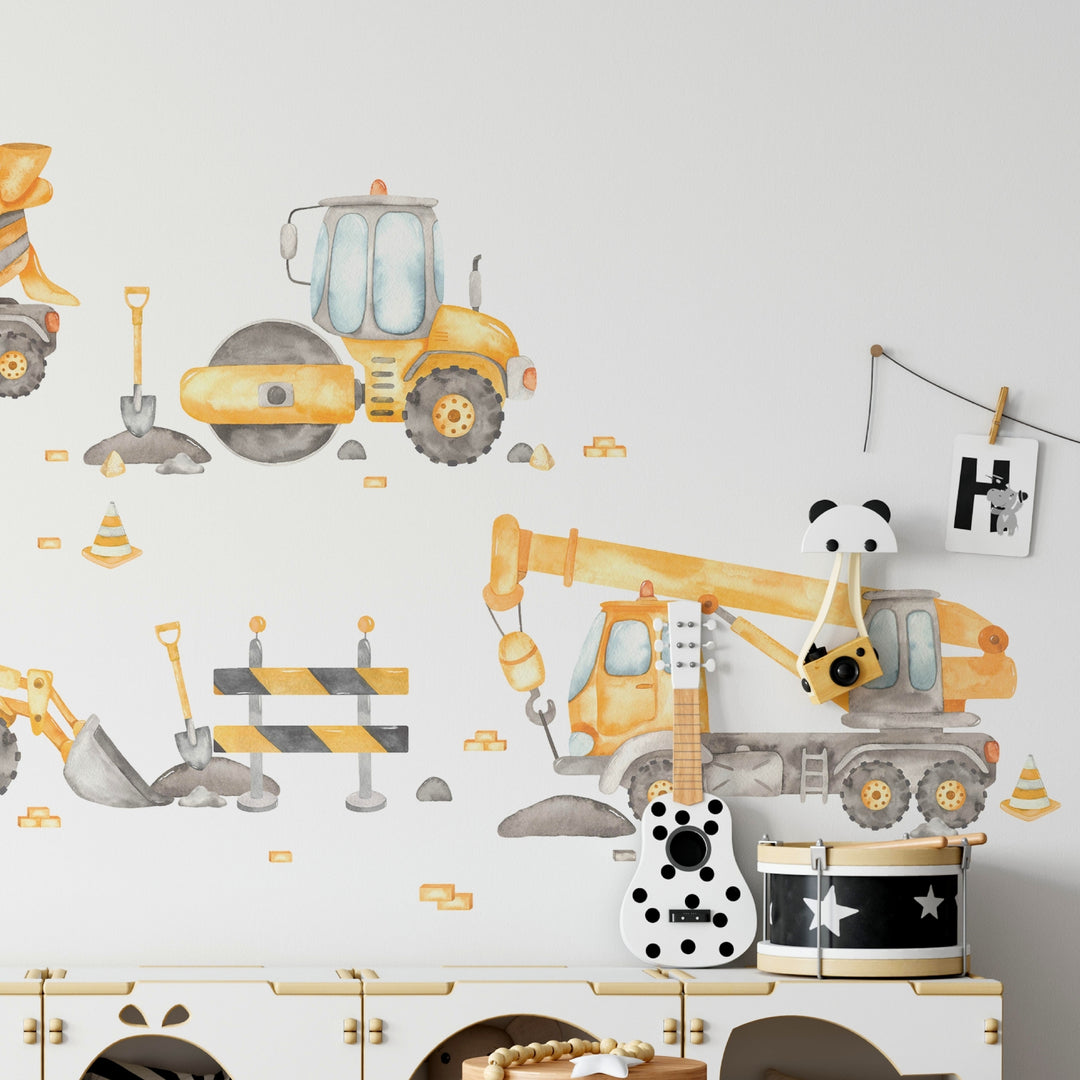 Watercolor Construction Trucks Wall Decal Set - Large