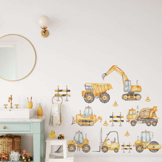 Watercolor Construction Trucks Wall Decal Set - Small