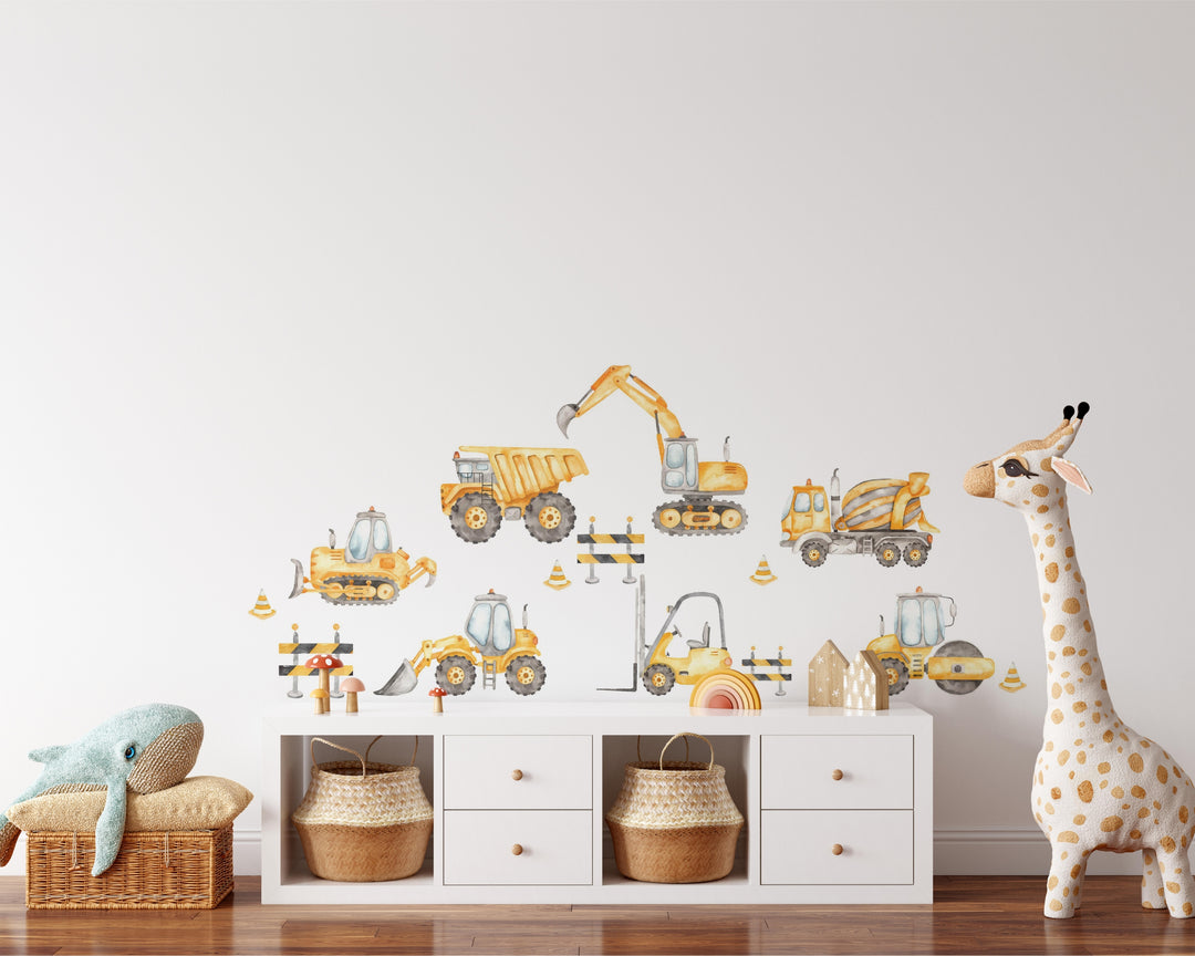 Watercolor Construction Trucks Wall Decal Set - X-Small