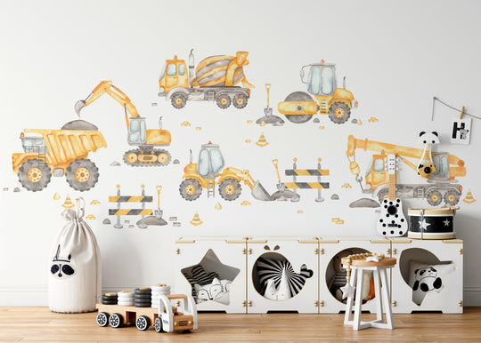 Watercolor Construction Trucks Wall Decal Set - Large