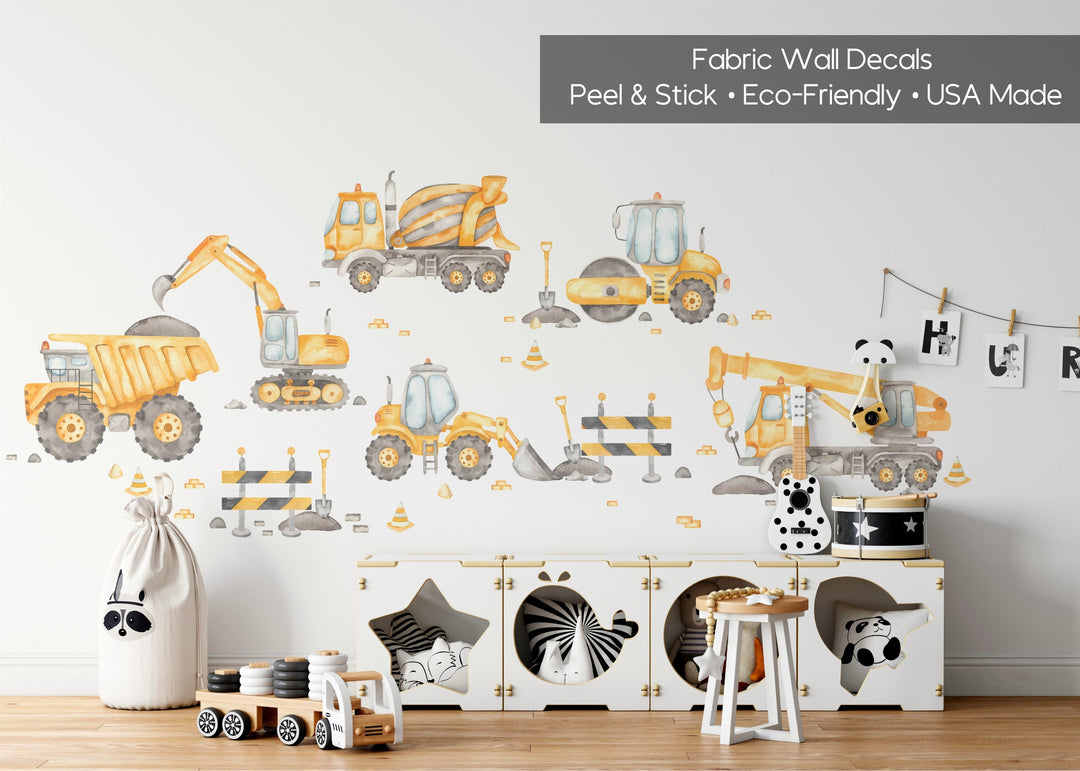 Watercolor Construction Trucks Wall Decal Set - Large