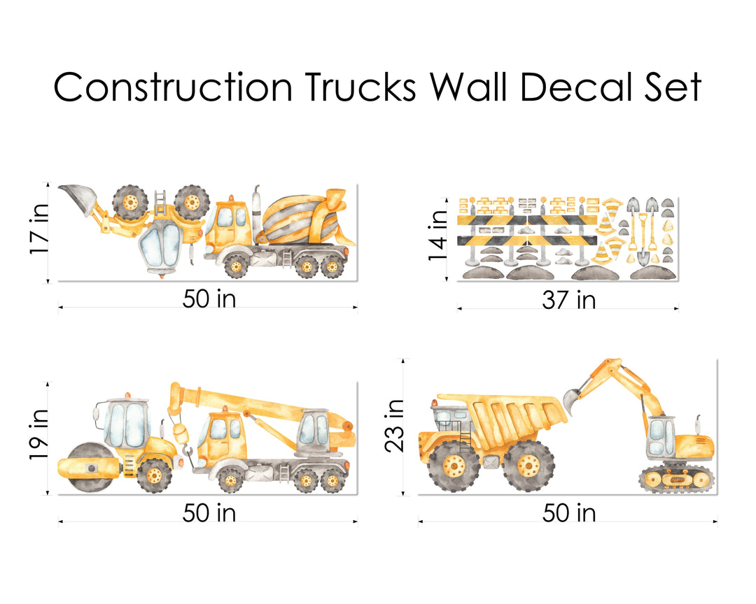 Watercolor Construction Trucks Wall Decal Set - Large