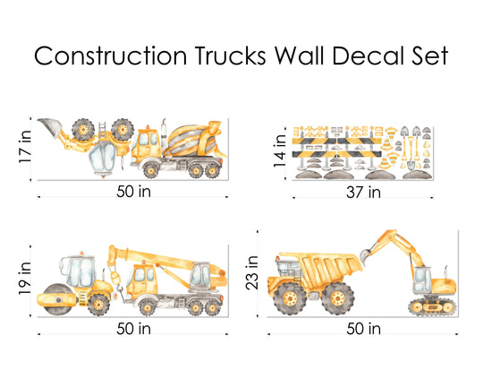 Watercolor Construction Trucks Wall Decal Set - Large