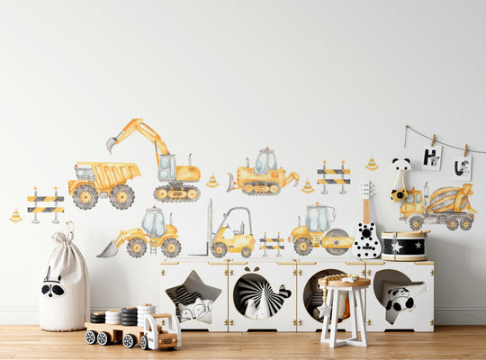 Watercolor Construction Trucks Wall Decal Set - Small