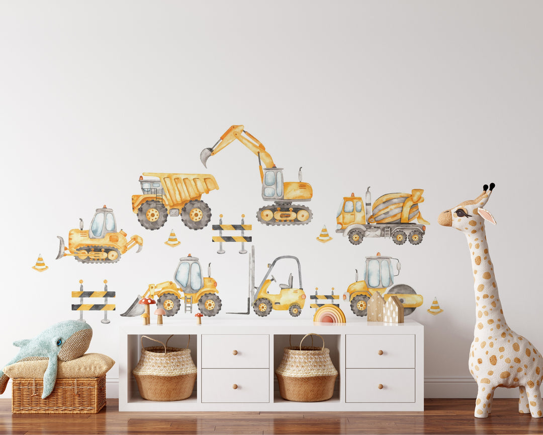 Watercolor Construction Trucks Wall Decal Set - Small