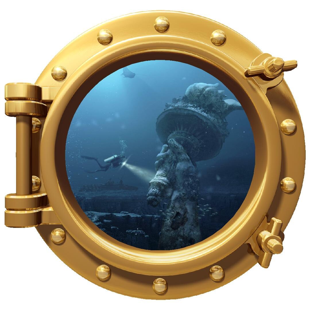 Port Scape Sunken Statue of Liberty Porthole Window Wall Decal Graphic Sticker Vinyl Mural Instant Sea View Ocean Fantasy Kids Room Decor