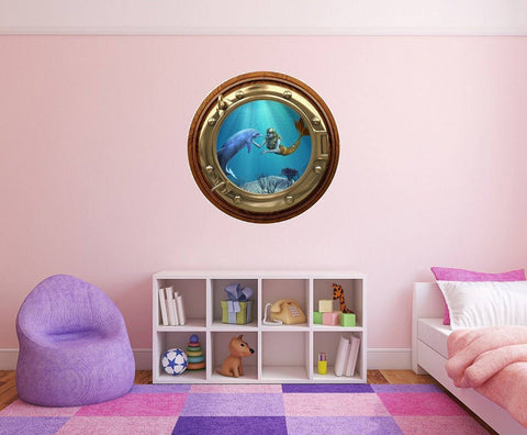 PortScape Mermaid & Dolphin 1 | Ocean Porthole Window Wall Decal