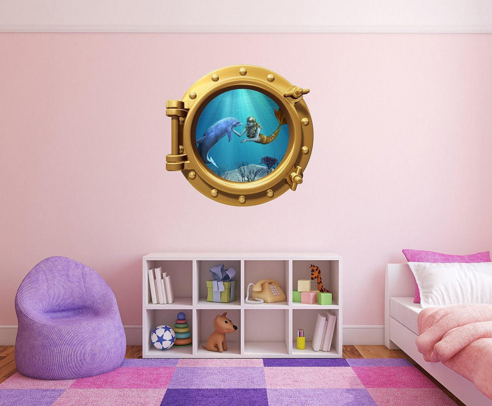 PortScape Mermaid & Dolphin 1 | Ocean Porthole Window Wall Decal