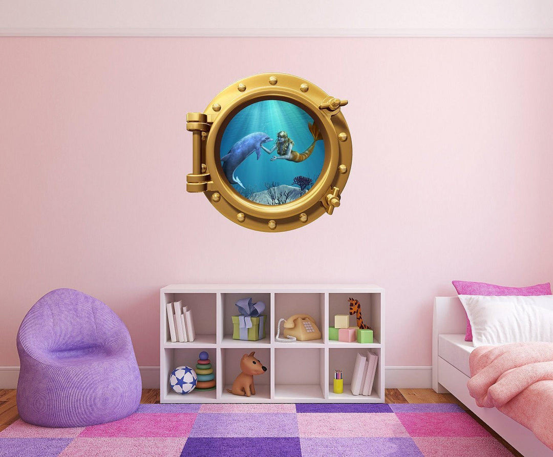 PortScape Mermaid & Dolphin 1 | Ocean Porthole Window Wall Decal