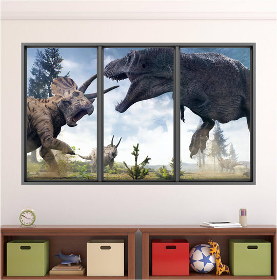 T-Rex vs Triceratops Dinosaur | WindowScape 3D Window Wall Decal