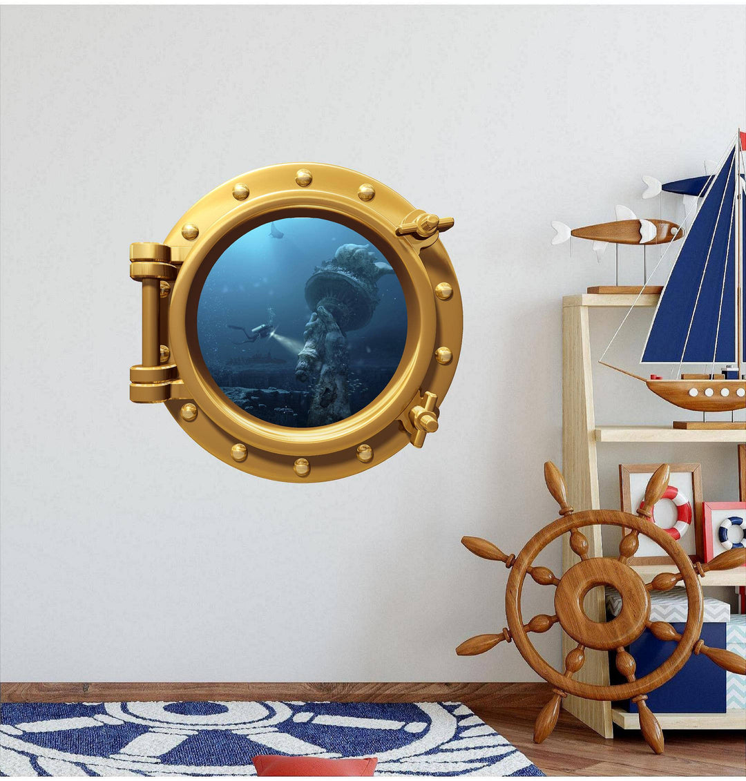 Port Scape Sunken Statue of Liberty Porthole Window Wall Decal Graphic Sticker Vinyl Mural Instant Sea View Ocean Fantasy Kids Room Decor