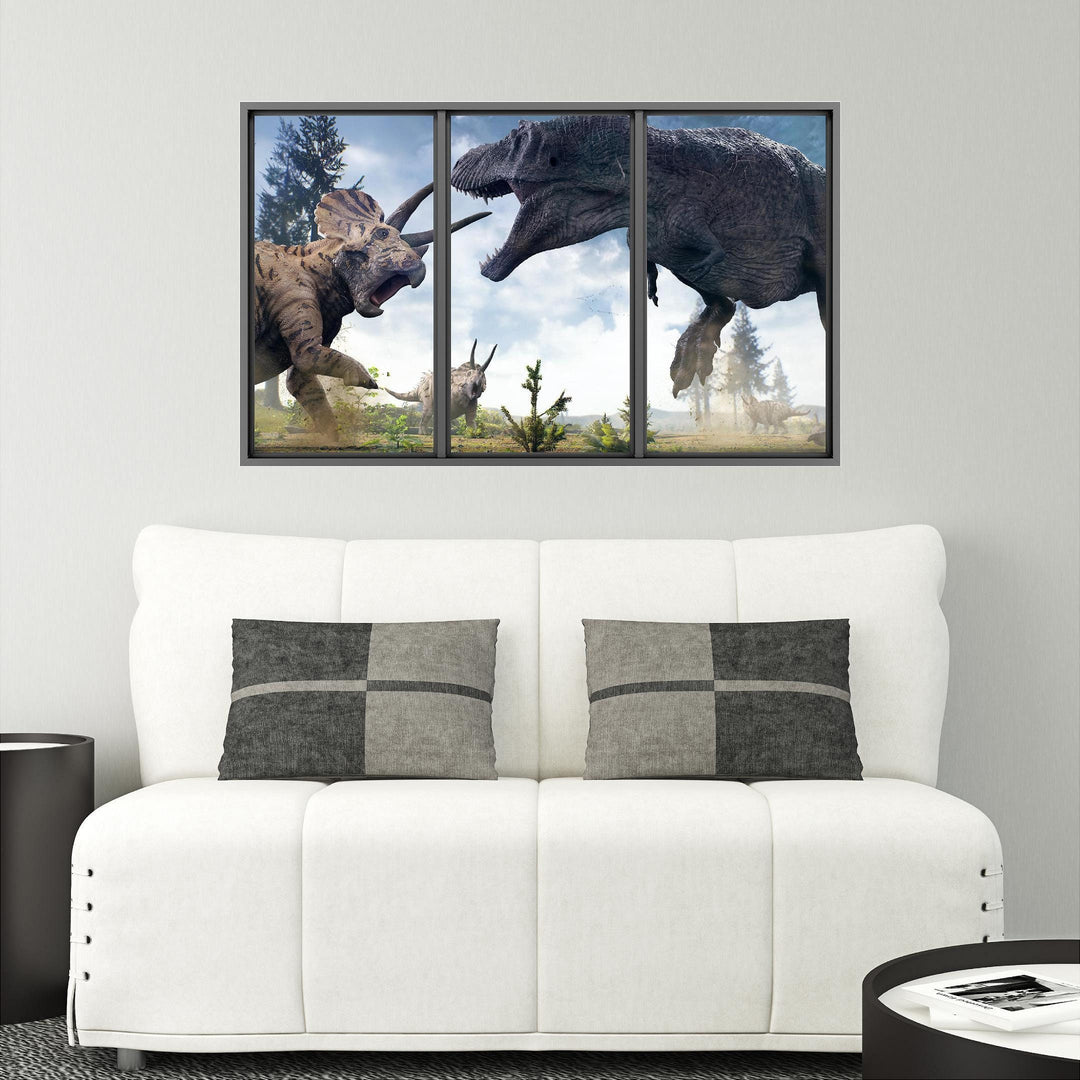 T-Rex vs Triceratops Dinosaur | WindowScape 3D Window Wall Decal