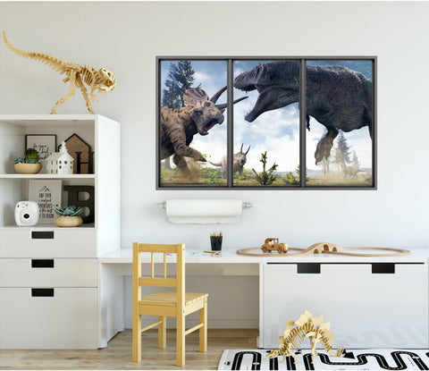 T-Rex vs Triceratops Dinosaur | WindowScape 3D Window Wall Decal