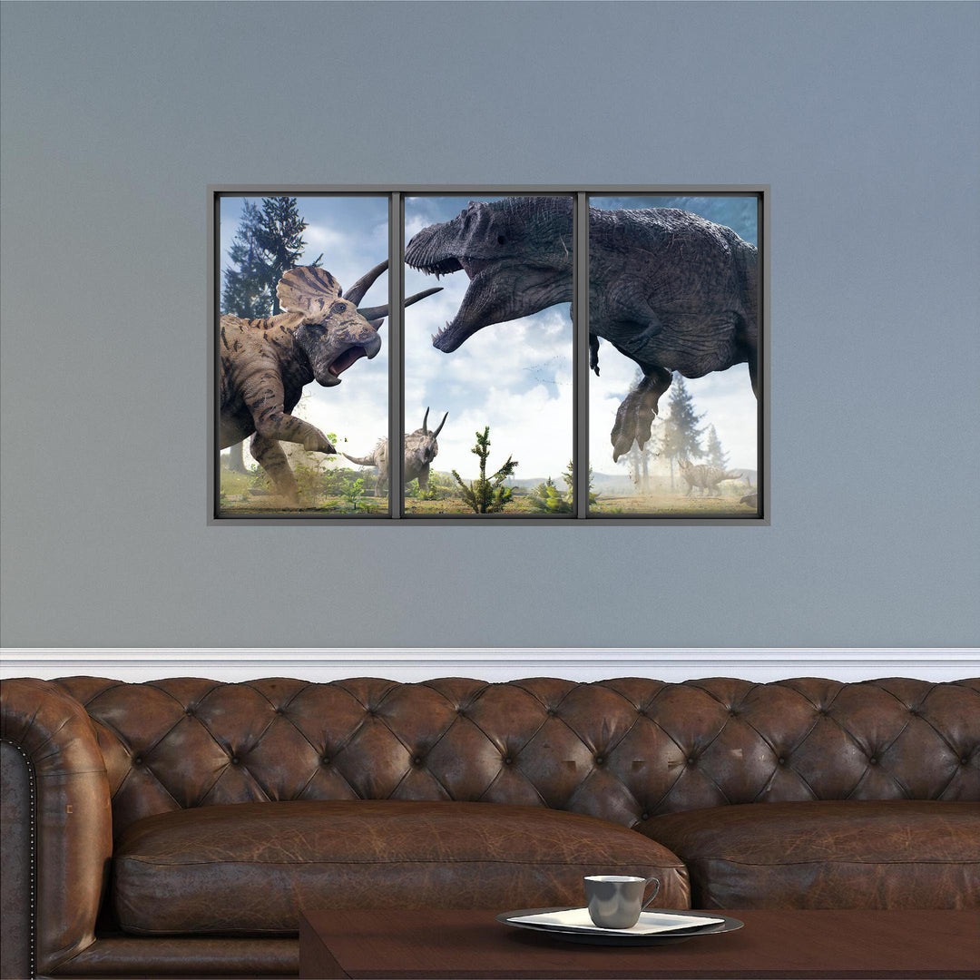 T-Rex vs Triceratops Dinosaur | WindowScape 3D Window Wall Decal