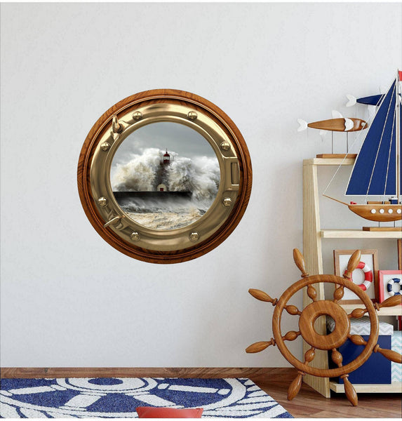 PortScape Lighthouse 1 Crashing Waves | Porthole Window Wall Decal