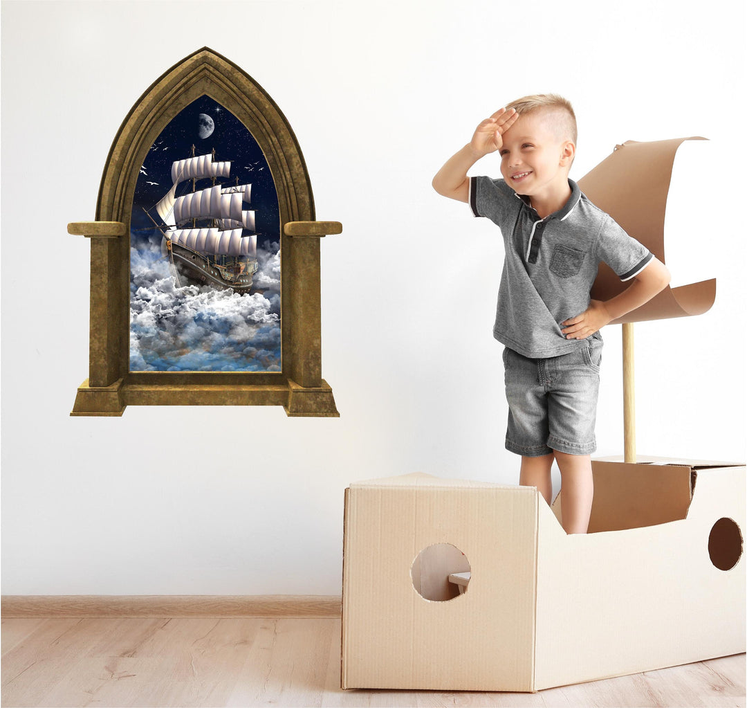 CastleScape Fantasy Pirate Ship In Clouds | Castle Window Wall Decal