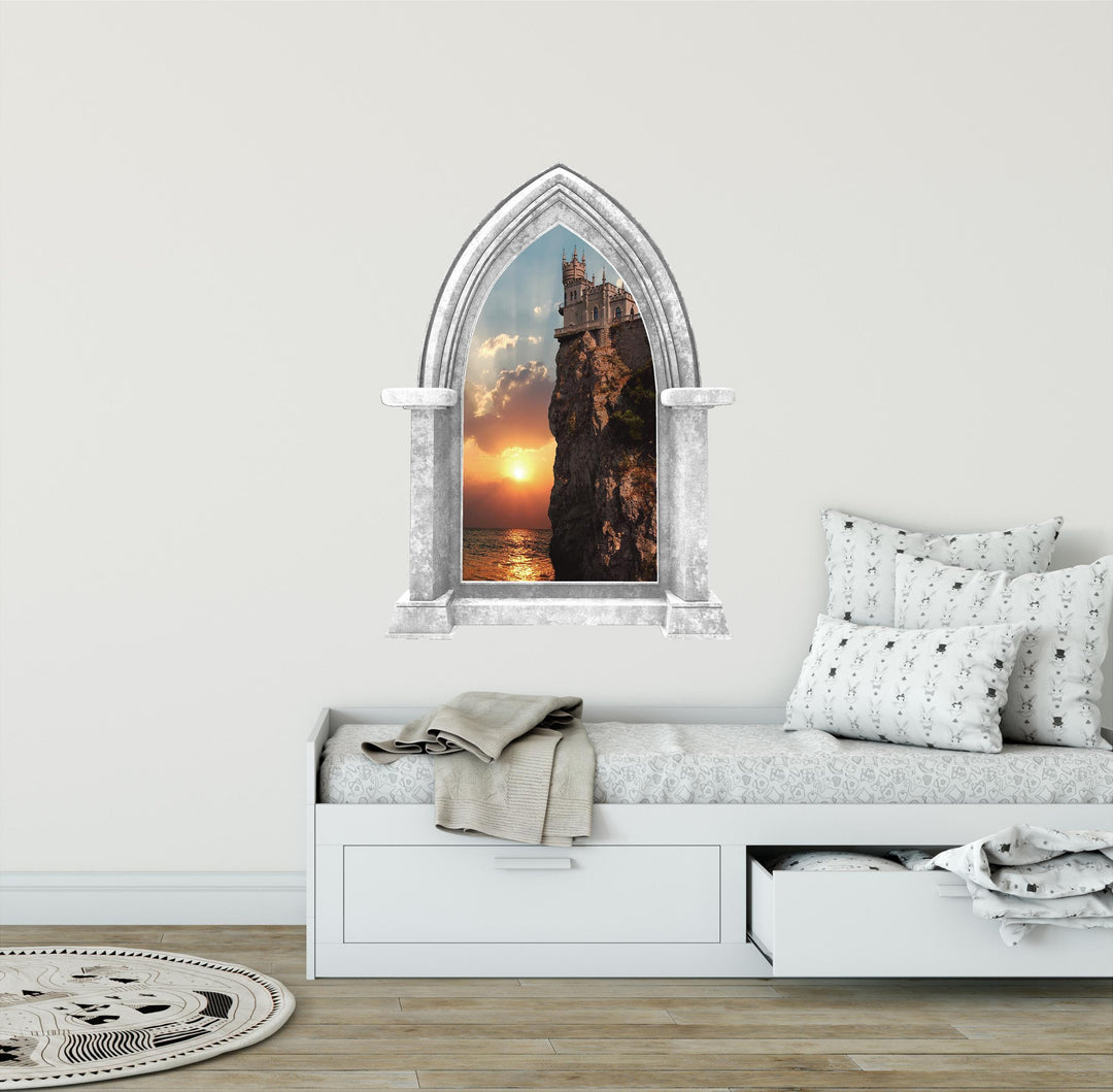 CastleScape Cliffs Edge at Sea Sunset | Castle Window Wall Decal