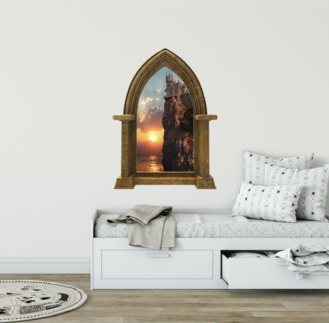 CastleScape Cliffs Edge at Sea Sunset | Castle Window Wall Decal