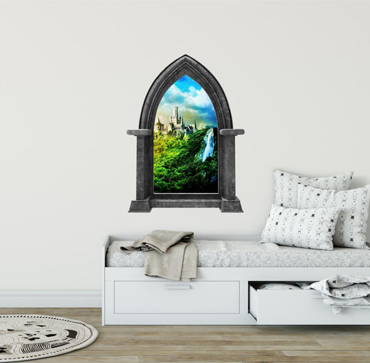 Castle Scape Castle #1 Stone Castle Window Wall Decal Sticker Mural Kids Bedroom Playroom Nursery Medieval Fantasy Fairytale Decor