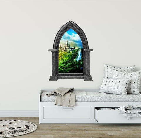Castle Scape Castle #1 Stone Castle Window Wall Decal Sticker Mural Kids Bedroom Playroom Nursery Medieval Fantasy Fairytale Decor