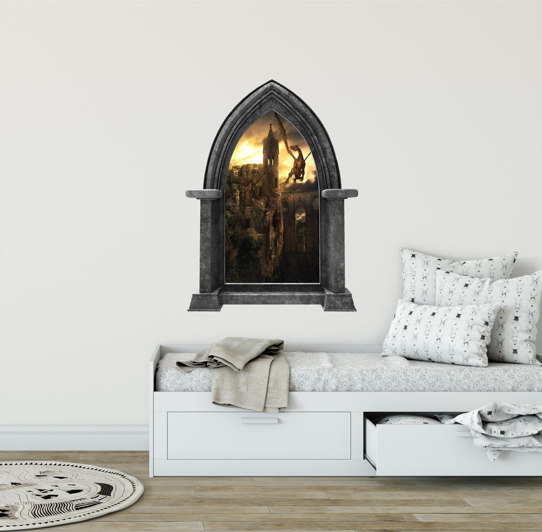 CastleScape Dragon Kingdom #1 Wall Decal Fire Breathing Dragons Stone Castle Window Wall Decal Sticker Mural Kids Medieval Fantasy Fairytale