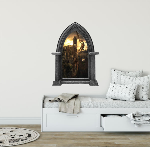 CastleScape Dragon Kingdom #1 Wall Decal Fire Breathing Dragons Stone Castle Window Wall Decal Sticker Mural Kids Medieval Fantasy Fairytale