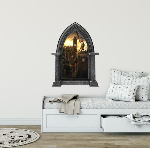 CastleScape Dragon Kingdom #1 Wall Decal Fire Breathing Dragons Stone Castle Window Wall Decal Sticker Mural Kids Medieval Fantasy Fairytale