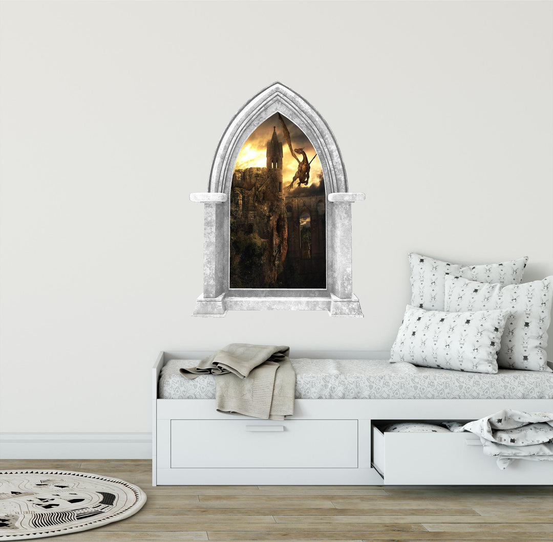 CastleScape Dragon Kingdom #1 Wall Decal Fire Breathing Dragons Stone Castle Window Wall Decal Sticker Mural Kids Medieval Fantasy Fairytale