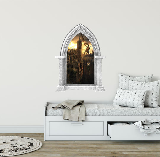 CastleScape Dragon Kingdom #1 Wall Decal Fire Breathing Dragons Stone Castle Window Wall Decal Sticker Mural Kids Medieval Fantasy Fairytale