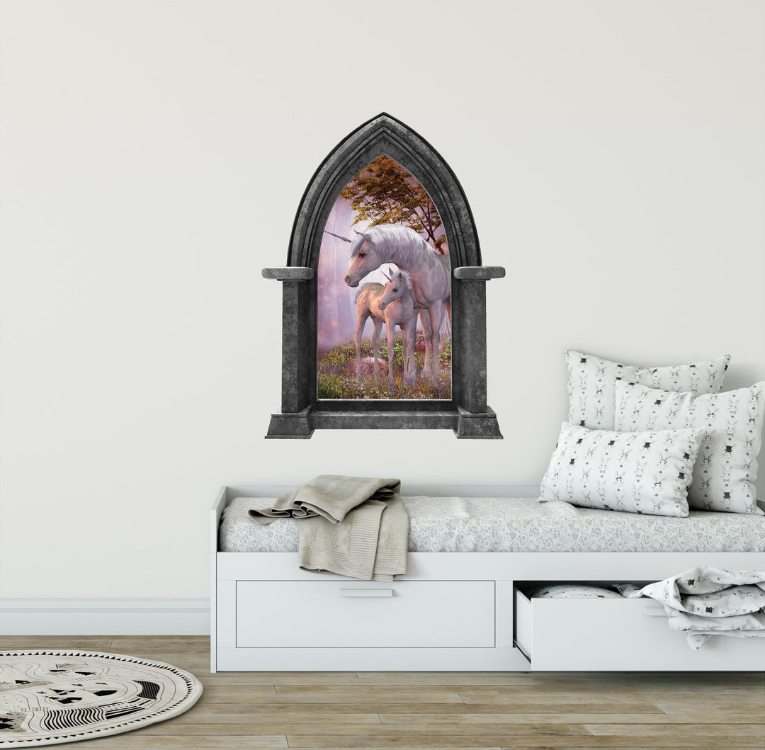 CastleScape Unicorn with Baby | Castle Window Wall Decal