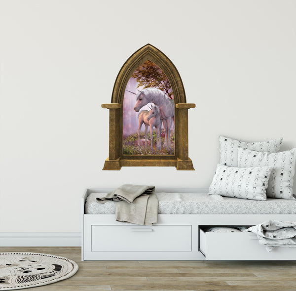 CastleScape Unicorn with Baby | Castle Window Wall Decal