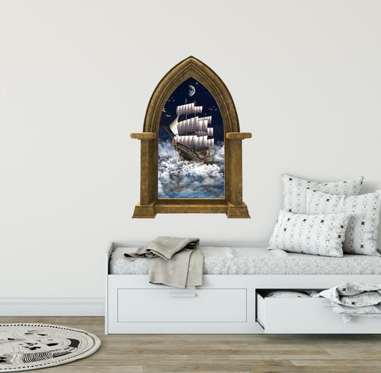 CastleScape Fantasy Pirate Ship In Clouds | Castle Window Wall Decal