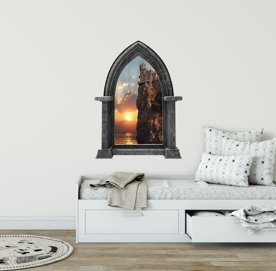 CastleScape Cliffs Edge at Sea Sunset | Castle Window Wall Decal