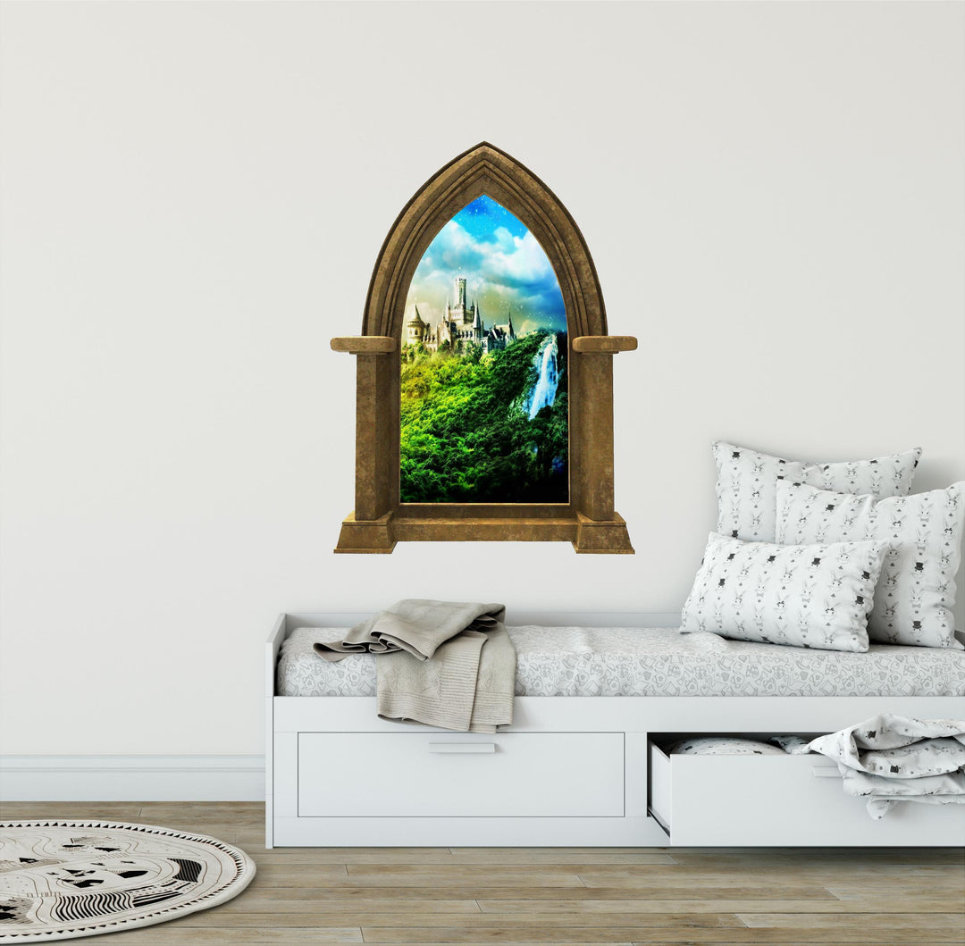 Castle Scape Castle #1 Stone Castle Window Wall Decal Sticker Mural Kids Bedroom Playroom Nursery Medieval Fantasy Fairytale Decor