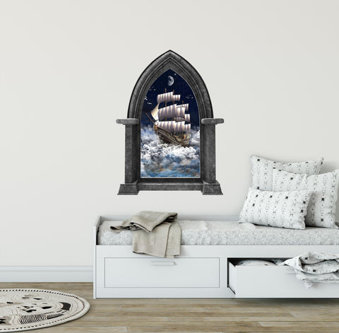 CastleScape Fantasy Pirate Ship In Clouds | Castle Window Wall Decal