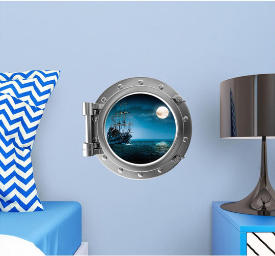 PortScape Ship In Moonlight 1 | Ocean Porthole Window Wall Decal