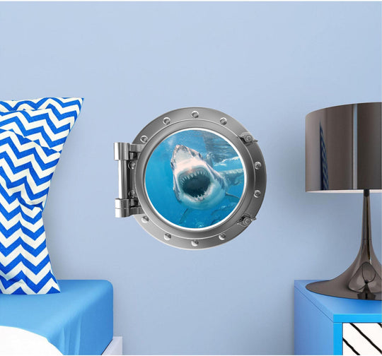 PortScape Great White Attack 1 Shark | Ocean Porthole Window Wall Decal