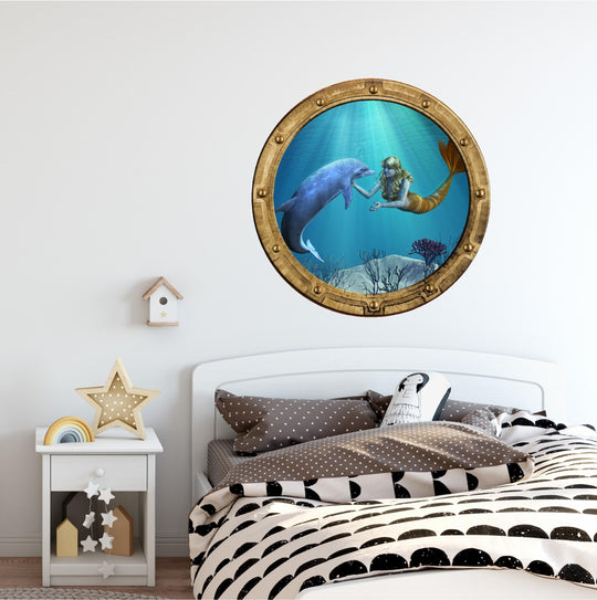 PortScape Mermaid & Dolphin 1 | Ocean Porthole Window Wall Decal