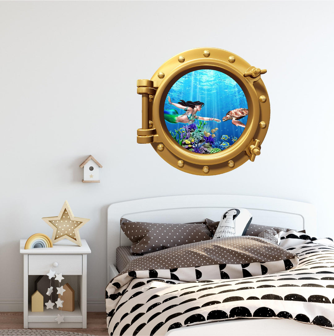 PortScape Mermaid & Sea Turtle 1 | Ocean Porthole Window Wall Decal