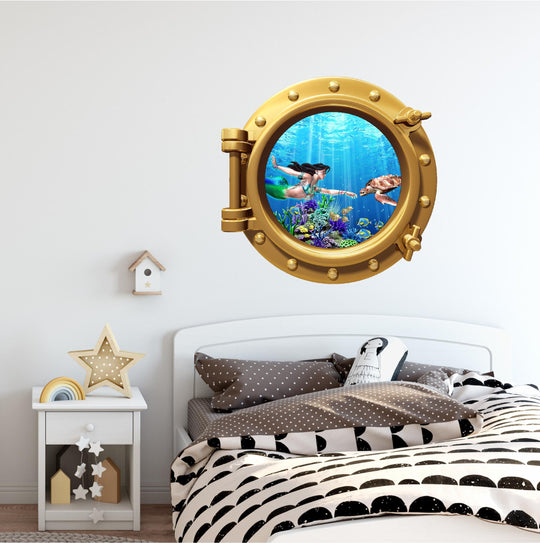 PortScape Mermaid & Sea Turtle 1 | Ocean Porthole Window Wall Decal