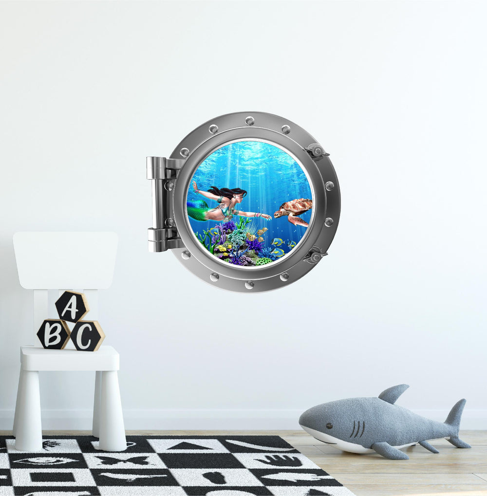 PortScape Mermaid & Sea Turtle 1 | Ocean Porthole Window Wall Decal