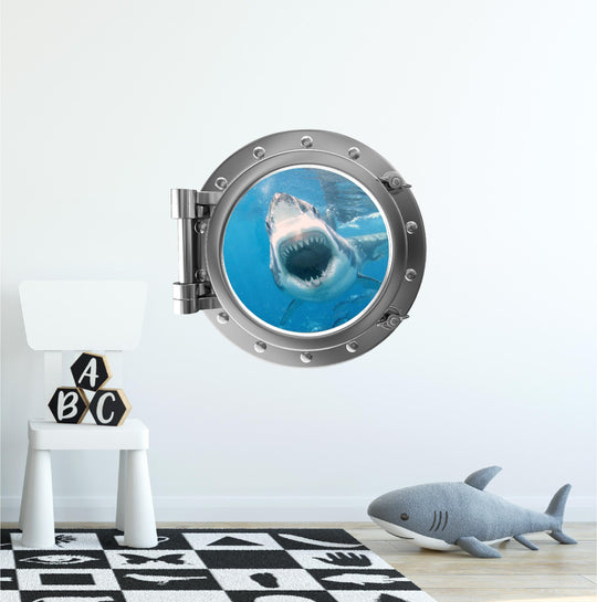 PortScape Great White Attack 1 Shark | Ocean Porthole Window Wall Decal