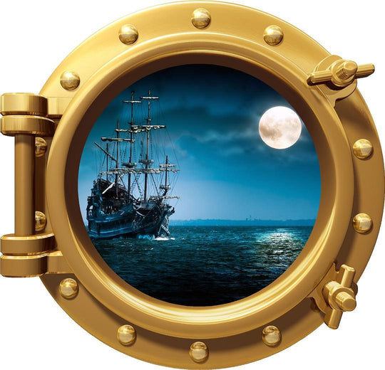 PortScape Ship In Moonlight 1 | Ocean Porthole Window Wall Decal