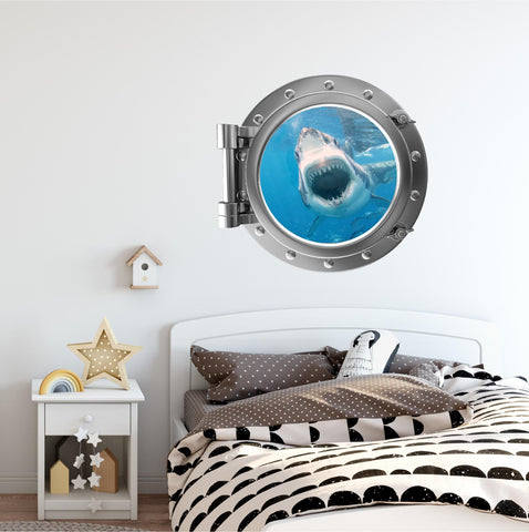 PortScape Great White Attack 1 Shark | Ocean Porthole Window Wall Decal