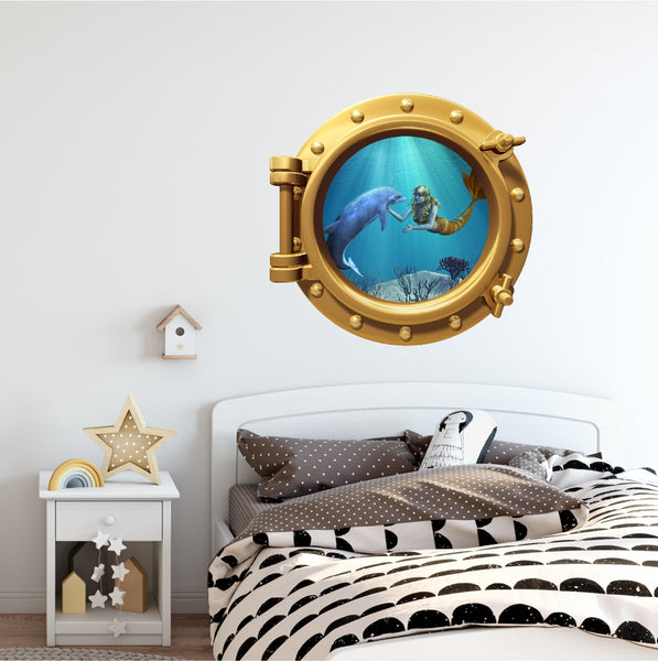 PortScape Mermaid & Dolphin 1 | Ocean Porthole Window Wall Decal