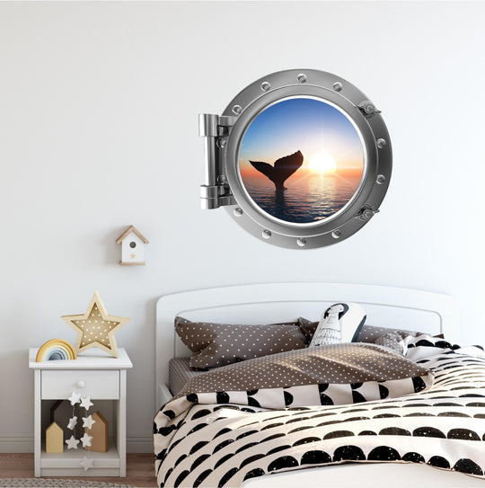 PortScape Whale Tail At Sunset | Ocean Porthole Window Wall Decal