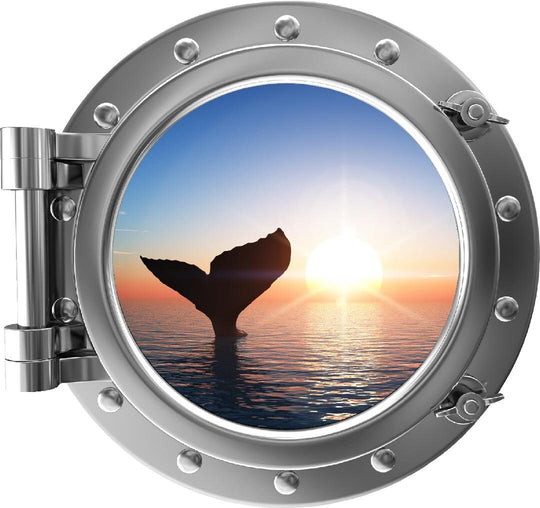 PortScape Whale Tail At Sunset | Ocean Porthole Window Wall Decal