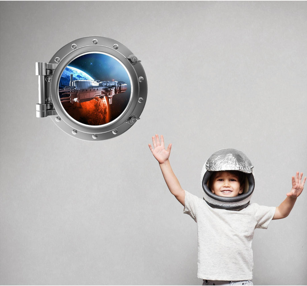 PortScape Spaceship Orbiting Planet 2 | Space Porthole Window Wall Decal
