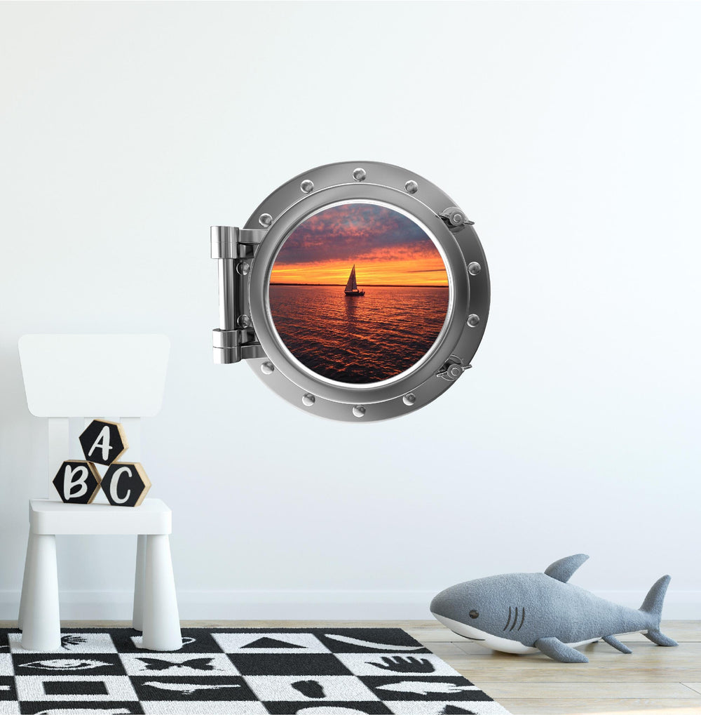 PortScape Sail Boat 3 Sunset | Ocean Porthole Window Wall Decal